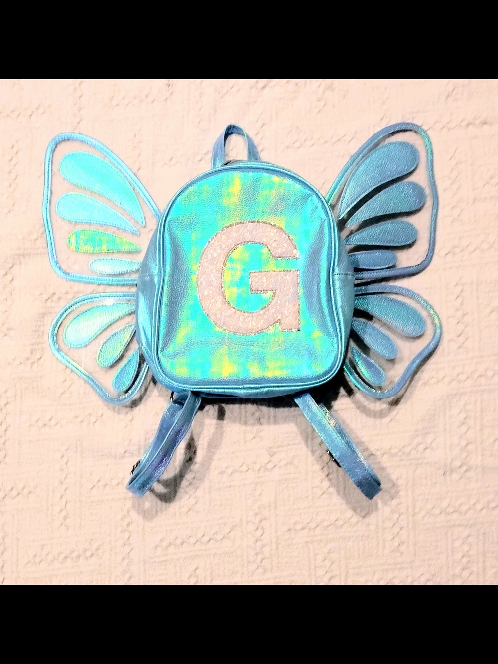 Justice Iridescent Blue Butterfly Wing Kids Backpack with Glitter 'G'